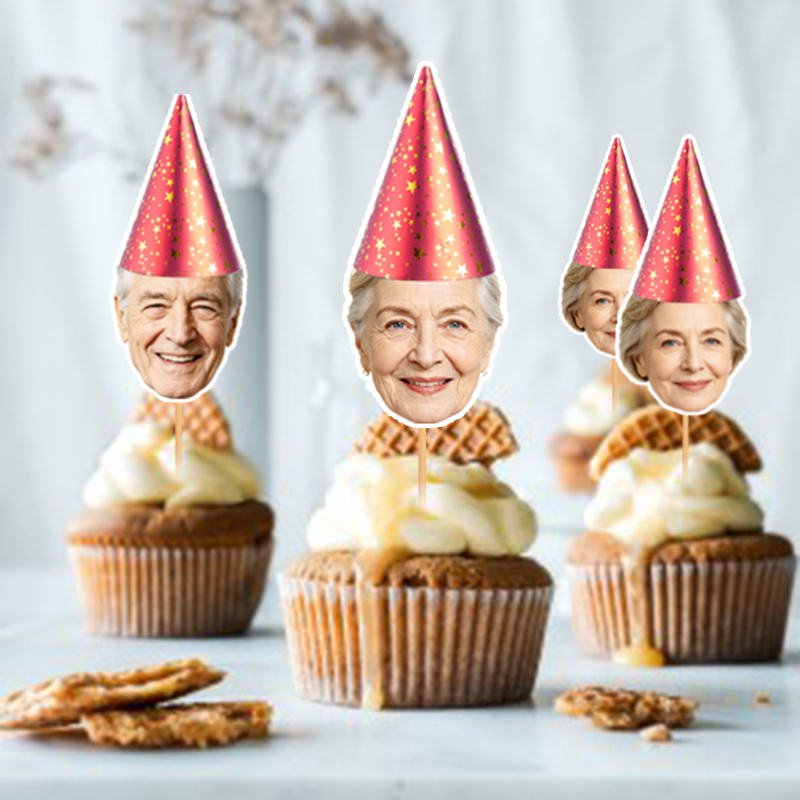 Party Hat Cone - 12/24 Stück personalisierte Cupcake-Topper mit Foto,