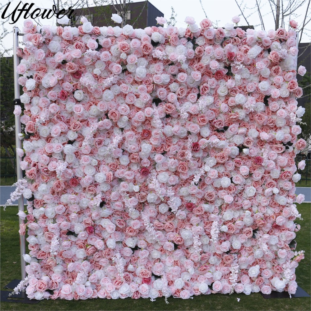 Flower Wall Panel - Uflower 5D Rosa-Weiß Rosenstoff-Blumenwand Hochzeits-Hintergrund Stoff-Hängevorhang